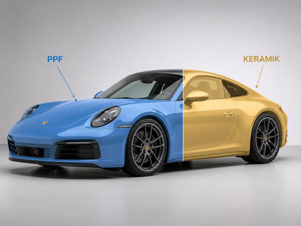 Fahrzeug halbseitig mit PPF vorne und Keramik hinten dargestellt
